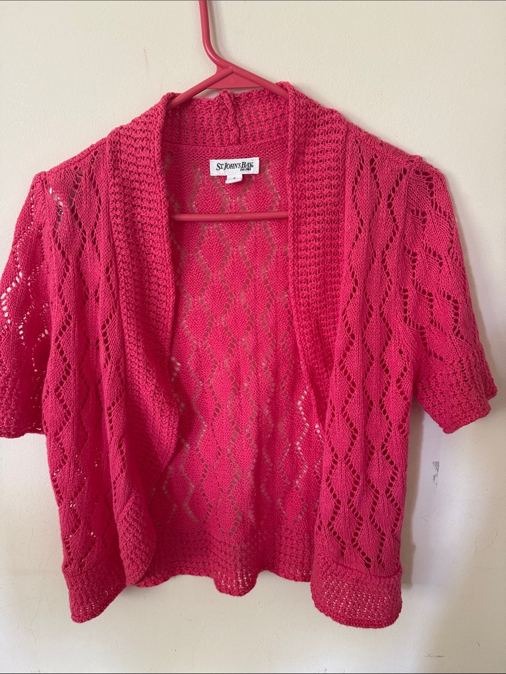 St. John's Bay Bright Pink Open-Front Crochet Cardigan -NWOT